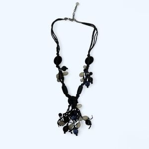 Black/White Women's Button and Bead Necklace with Black Chord